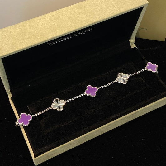 [Royal Jewelry]CLOVER  5 MOTIFS  PURPLE VIOLET BRACELET SILVER