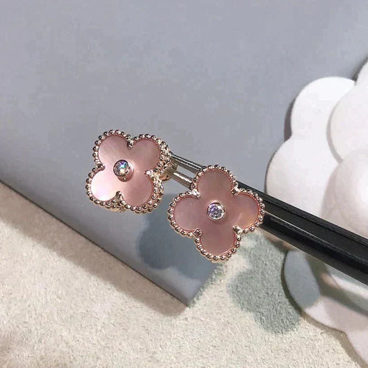 [Royal Jewelry]CLOVER MEDIUM 1 MOTIFS  PINK MOP DIAMOND EARRINGS