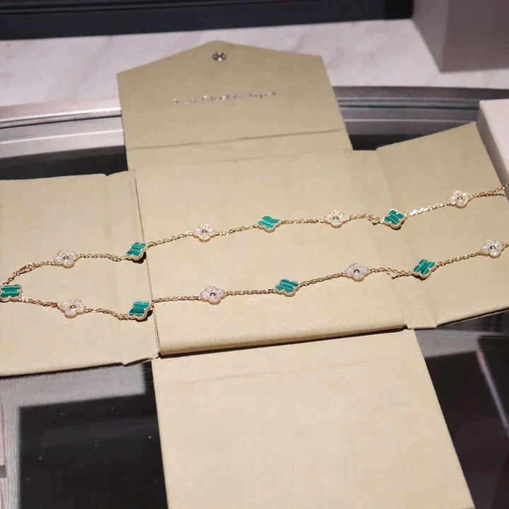 [Royal Jewelry]CLOVER 20 MOTIFS MALACHITE DIAMOND NECKLACE
