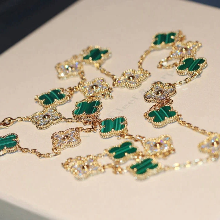 [Royal Jewelry]CLOVER 20 MOTIFS MALACHITE DIAMOND NECKLACE