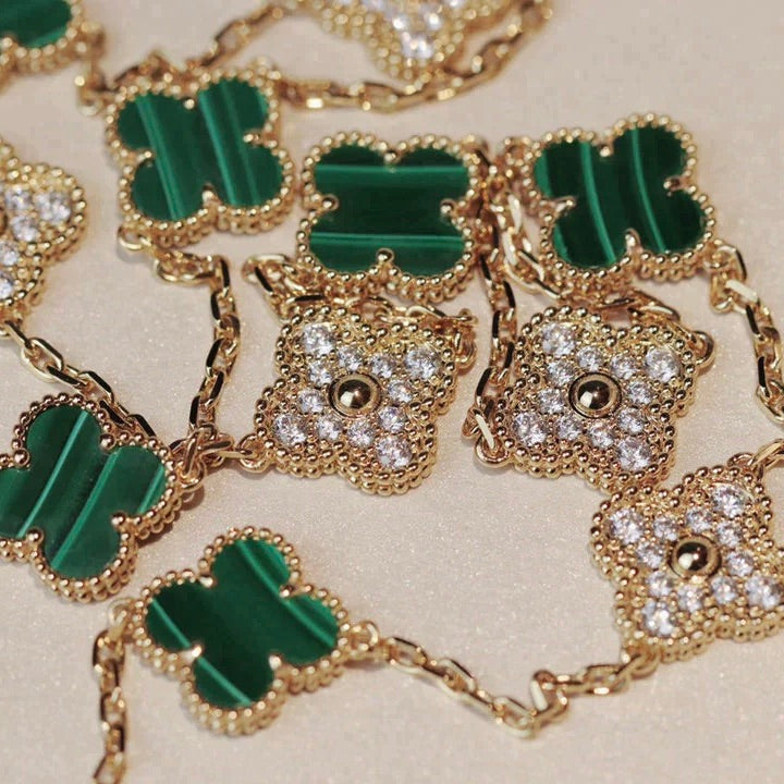 [Royal Jewelry]CLOVER 20 MOTIFS MALACHITE DIAMOND NECKLACE