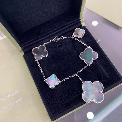 [Royal Jewelry]CLOVER 5 MOTIFS SIVLER DARK MOP BRACELET