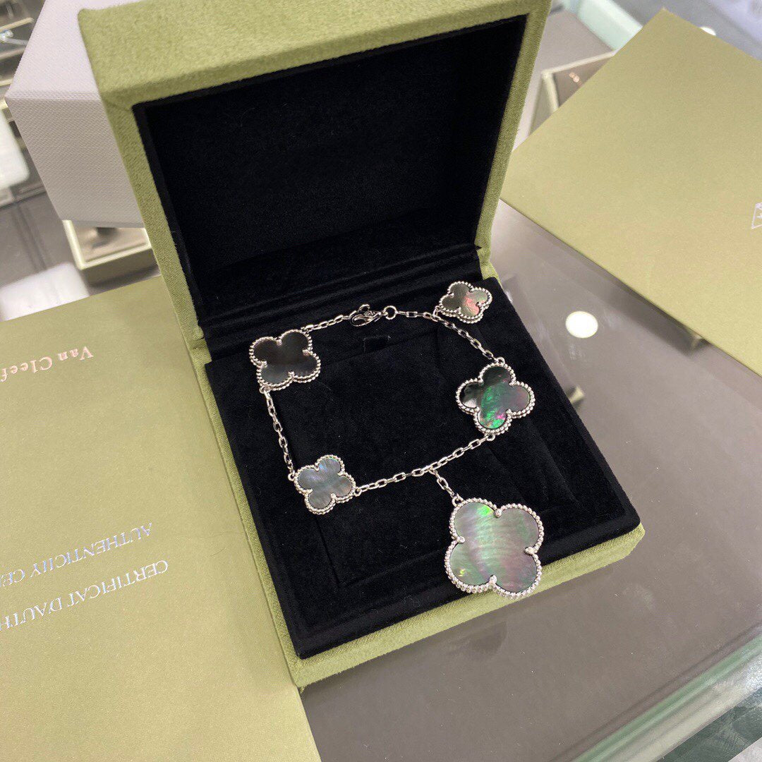 [Royal Jewelry]CLOVER 5 MOTIFS SIVLER DARK MOP BRACELET