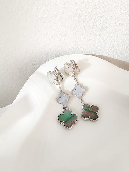 [Royal Jewelry]CLOVER 3 MOTIFS CHALCEDONY DARK MOP SILVER EARRINGS