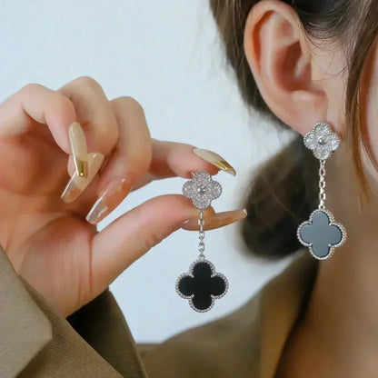 [ロイヤルジュエリー]クローバー 2モチーフ ダイヤモンド オニキス イヤリング シルバー