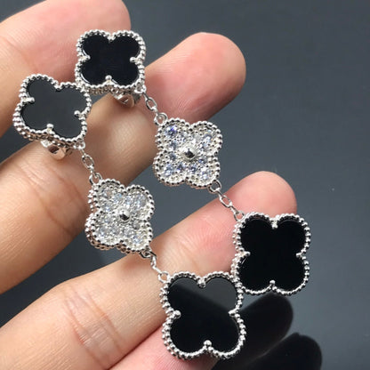 [Royal Jewelry]CLOVER 3 MOTIF DIAMOND ONYX SILVER EARRINGS