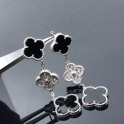 [Royal Jewelry]CLOVER 3 MOTIF DIAMOND ONYX SILVER EARRINGS