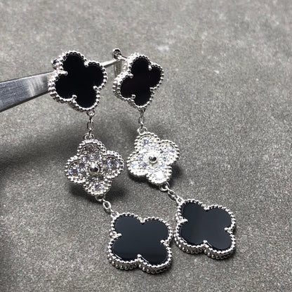 [Royal Jewelry]CLOVER 3 MOTIF DIAMOND ONYX SILVER EARRINGS