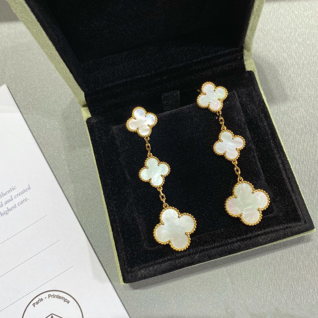[Royal Jewelry]CLOVER MOP 3 MOTIFS GOLD EARRINGS