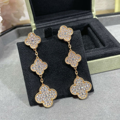 [Royal Jewelry]CLOVER 3 MOTIFS DIAMOND PAVED ROSE GOLD EARRINGS