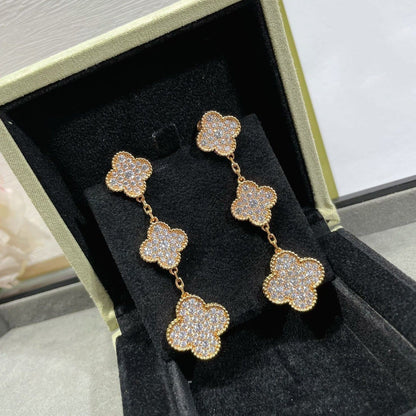 [Royal Jewelry]CLOVER 3 MOTIFS DIAMOND PAVED ROSE GOLD EARRINGS