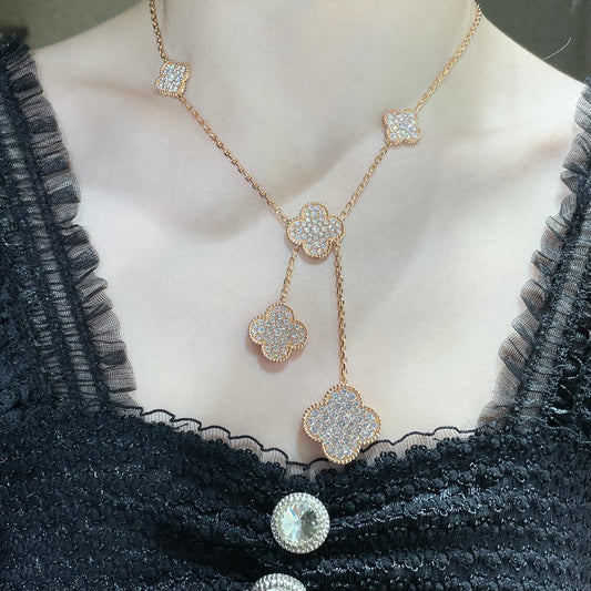[Royal Jewelry]CLOVER 6 MOTIF DIAMOND PAVED NECKLACE