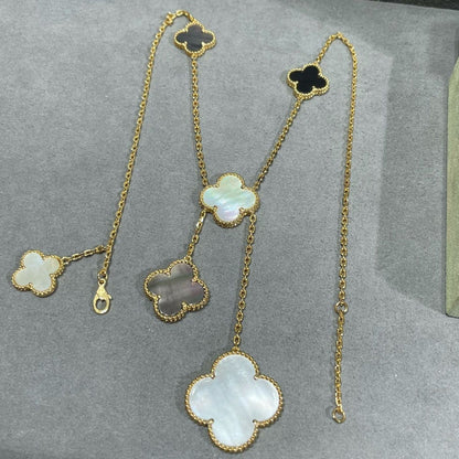 [ロイヤルジュエリー]クローバー 6モチーフ マザーオブパール オニキス ゴールド ネックレス