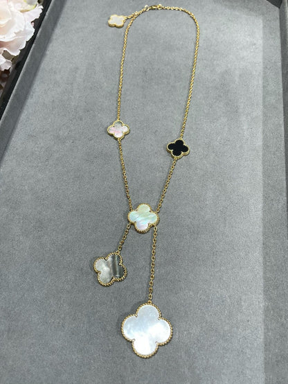 [ロイヤルジュエリー]クローバー 6モチーフ マザーオブパール オニキス ゴールド ネックレス