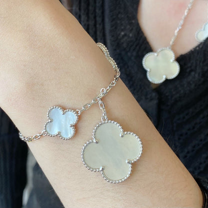 [Royal Jewelry]CLOVER 5 MOTIF WHITE MOP SILVER BRACELET