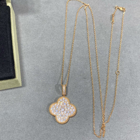 [Royal Jewelry]CLOVER 25MM LARGE PEDANT DIAMOND PAVED LONG NECKLACE