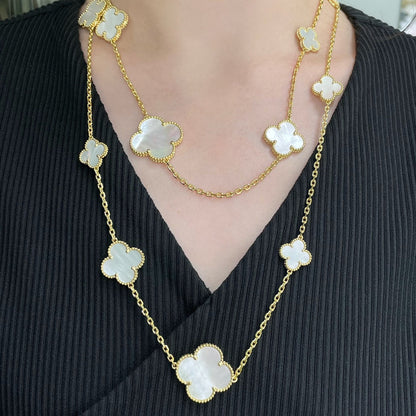[Royal Jewelry]クローバー16モチーフホワイトマザーオブパールゴールドネックレス