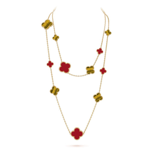 [Royal Jewelry]CLOVER 16 MOTIF CARNELIAN TIGER EYE ROSE GOLD NECKLACE