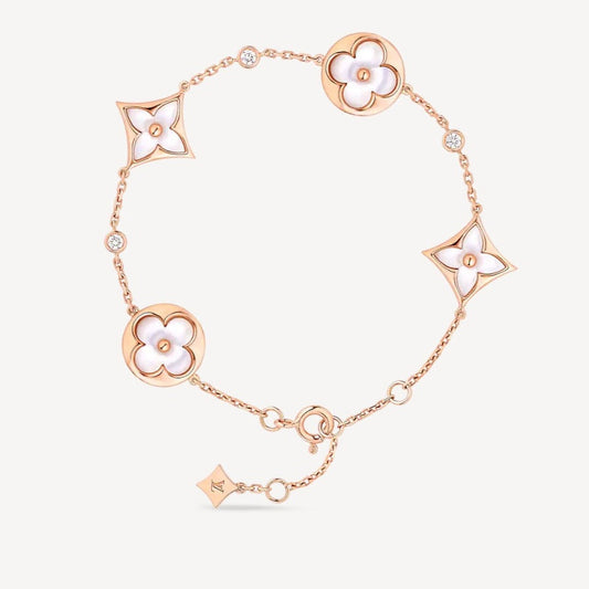 [Royal Jewelry]STAR AND SUN 4 MOTIF WHITE MOP PINK GOLD BRACELET