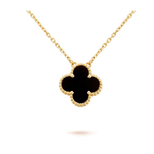 [Royal Jewelry]COLLIER PENDENTIF TRÈFLE 15MM ONYX NOIR FLEUR SIMPLE