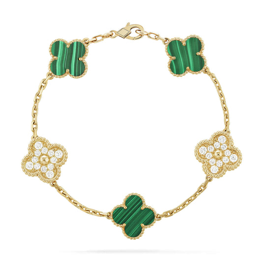 [Royal Jewelry]BRACELET TRÈFLE 5 MOTIFS MALACHITE DIAMANT
