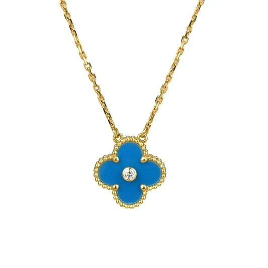 [Royal Jewelry]クローバー 15MM ダイヤモンド&ブルーアゲートネックレス