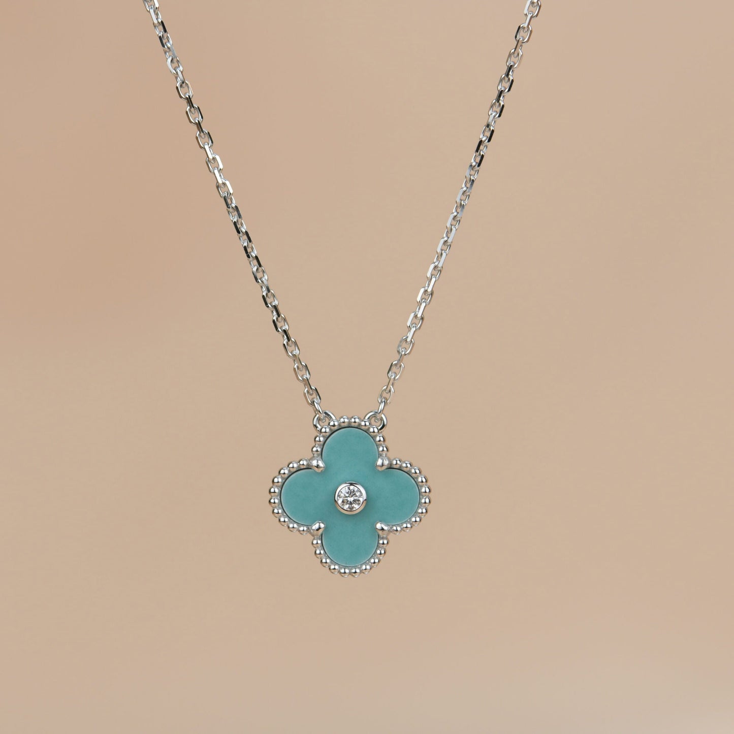 [Royal Jewelry]CLOVER 15MM DIAMOND SVRES PORCELAIN  NECKLACE SILVER