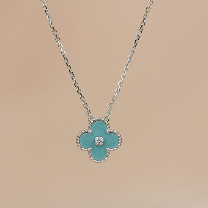 [Royal Jewelry]CLOVER 15MM DIAMOND SVRES PORCELAIN  NECKLACE SILVER