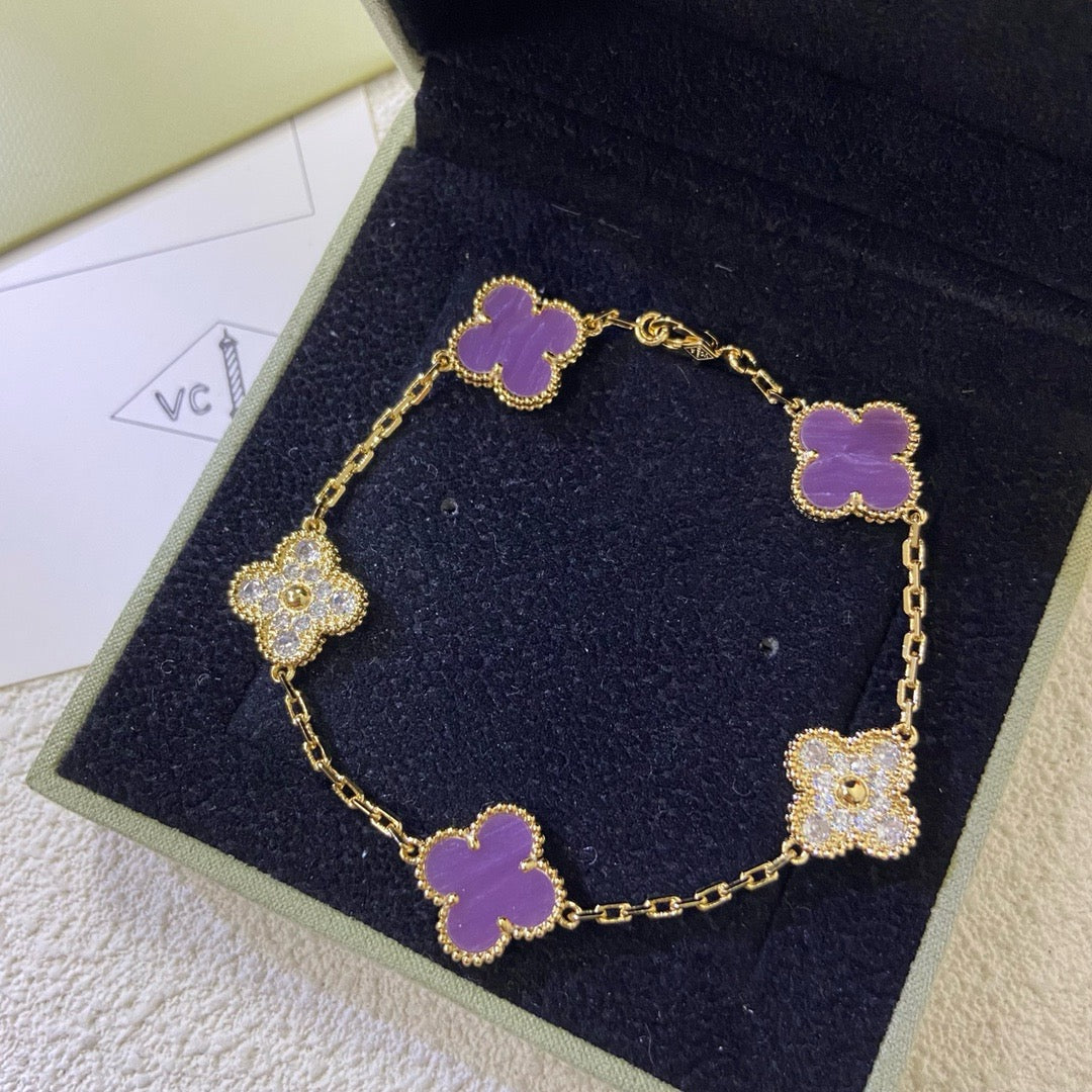 [Royal Jewelry]CLOVER  5 MOTIFS  PURPLE VIOLET DIAMOND BRACELET