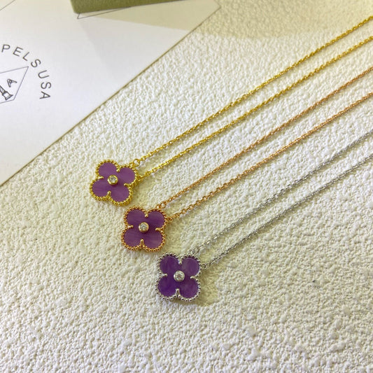 [Royal Jewelry]クローバー 15MM ダイヤモンド パープルバイオレットネックレス