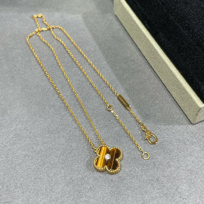 [ロイヤルジュエリー]クローバー 15MM ダイヤモンド & イエロータイガーアイアゲート ネックレス