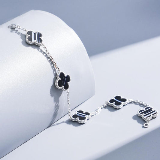 [Royal Jewelry]CLOVER 5 MOTIF VEINED ONYX BRACELET SILVER