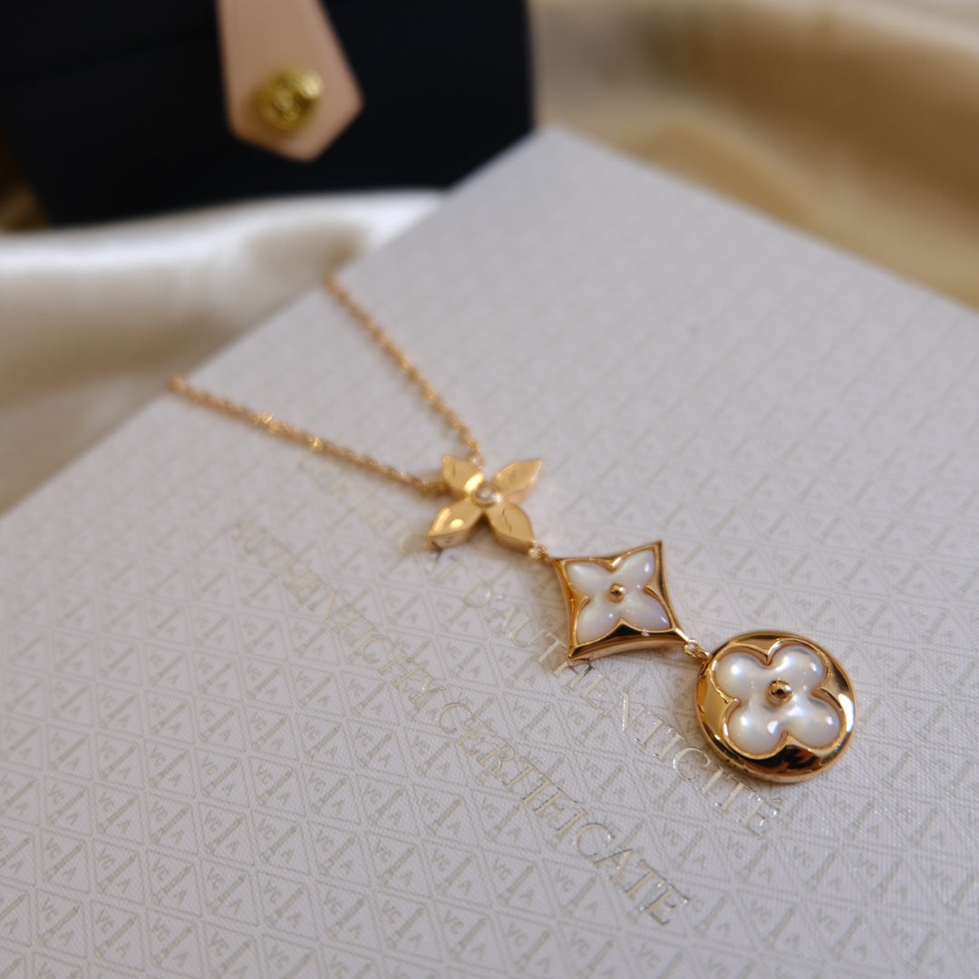 [Royal Jewelry]COLLIER LARIAT BLOSSOM OR ROSE NACRE BLANCHE ET DIAMANT