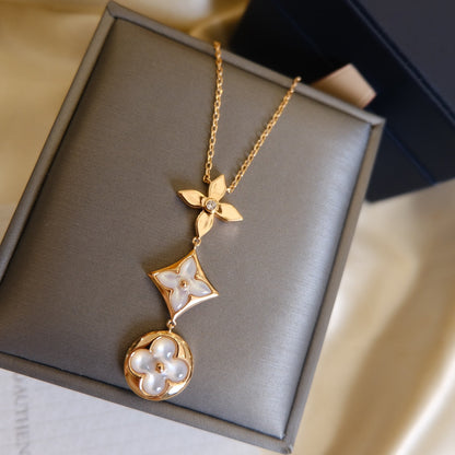 [Royal Jewelry]COLLIER LARIAT BLOSSOM OR ROSE NACRE BLANCHE ET DIAMANT