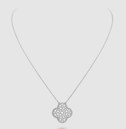 [Royal Jewelry]CLOVER 25MM LARGE PENDANT DIAMOND PAVED SILVER NECKLACE