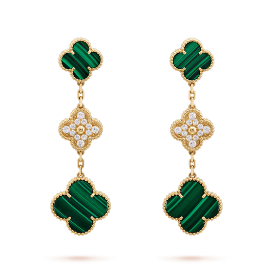 [Royal Jewelry]CLOVER EARRINGS GOLD MALACHITE DIAMOND 3 MOTIF