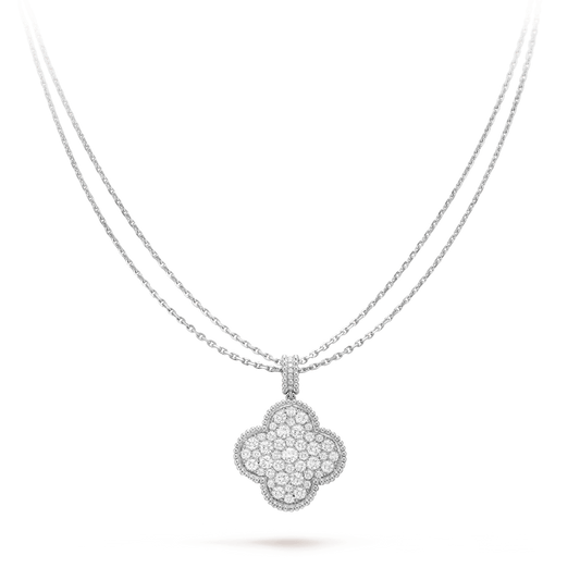 [Royal Jewelry]CLOVER 25MM SILVER FULL DIAMOND BIG CLOVER NECKLACE
