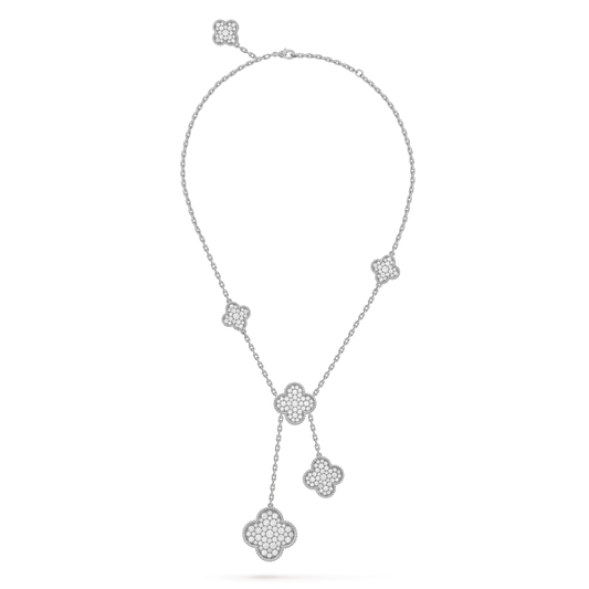 [Royal Jewelry]CLOVER 5 MOTIFS SILVER DIAMONDS NECKLACE
