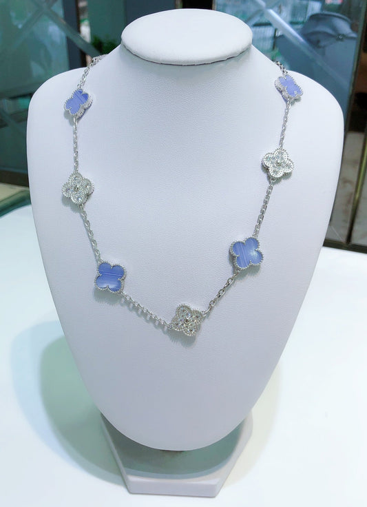 [Royal Jewelry]CLOVER 10 MOTIFS CHALCEDONY DIAMONDS SILVER NECKLACE