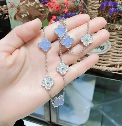[ロイヤルジュエリー]クローバー 10モチーフ カルセドニー ダイヤモンド シルバーネックレス