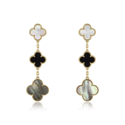[Royal Jewelry]CLOVER EARRINGS GOLD ONYX MOP 3 MOTIF
